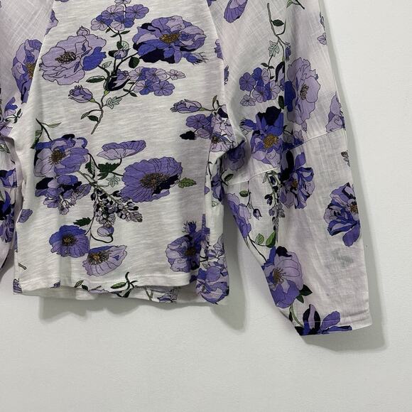 Anthropologie Blouse S V Neck Ruched Purple Floral Ballon Sleeve Boho Summer Top - Picture 8 of 11